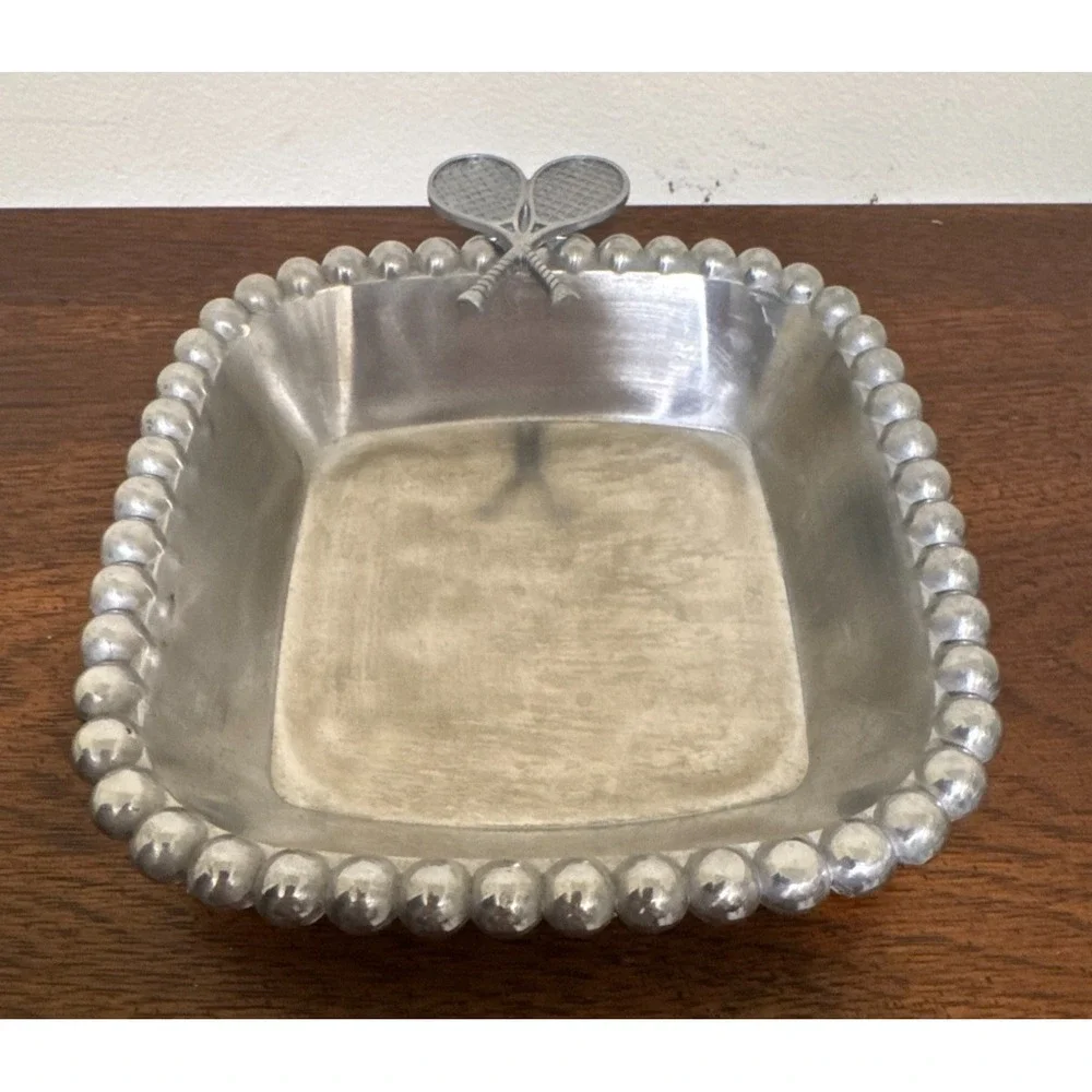 Vintage Mud Pie Beaded Tennis Racket Square Candy/Nut Dish Sand Cast Aluminum